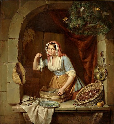 Young Pretty Market Woman Selling Herring and Chestnuts by Elisabeth Alida Haanen